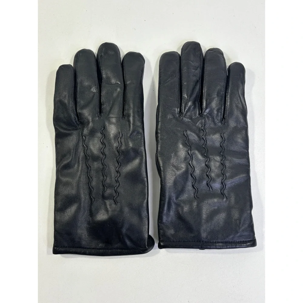 Black Genuine Leather Gloves Womens Large Faux Fur Lined Wavy Stitch